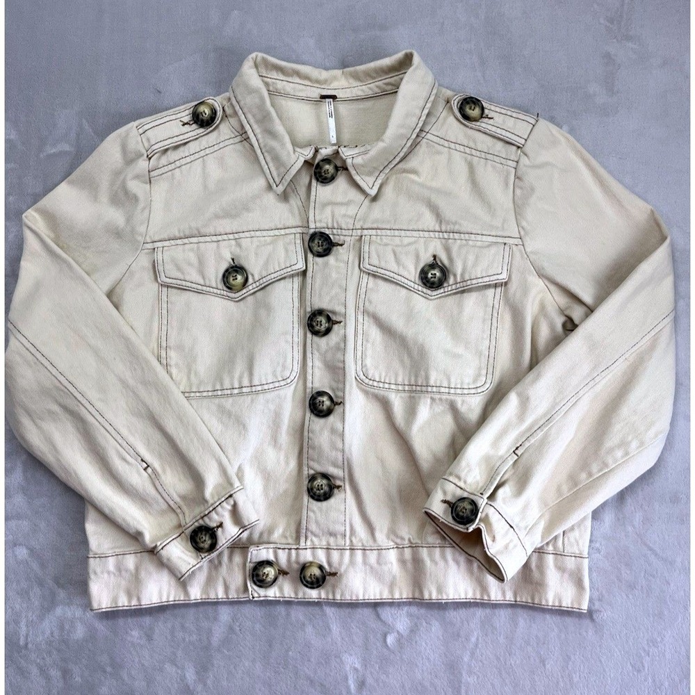 Free People Denim Jacket Women Large Ivory Slouchy Eisenhower 100% Cotton Preppy